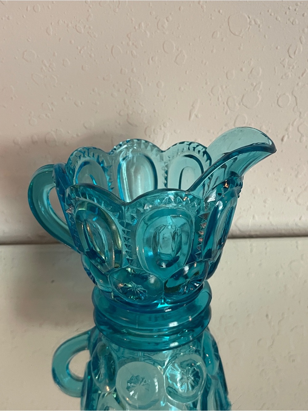 L.E. Smith Glass Company "Moon and Stars" pattern blue glass creamer pitcher